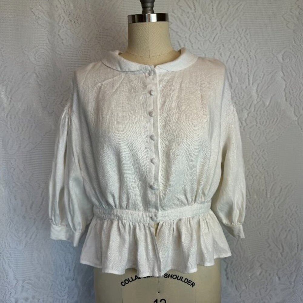 Little Women Atelier Meg Blouse White Linen with 3/4 Sleeves Cottagecore Top